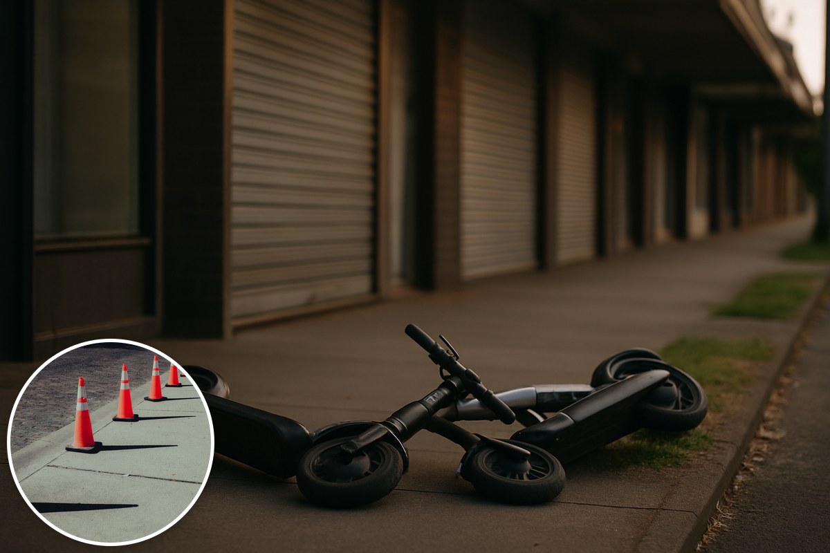 Two rental e-scooters lying toppled across a suburban footpath outside closed shopfronts, with an inset of orange traffic cones.